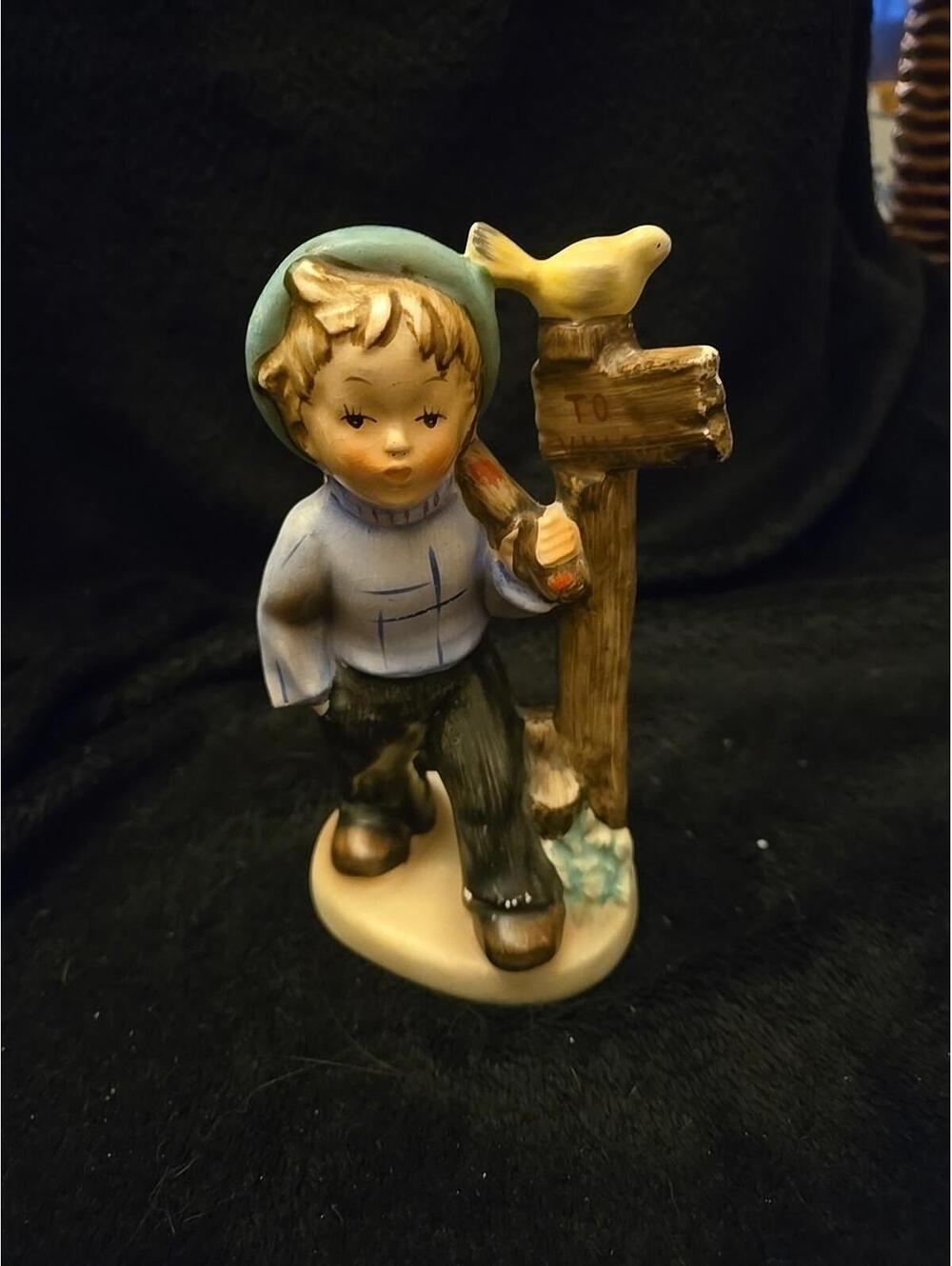 Vintage Napco Vagabond Small Boy Backpack Bird on Post Porcelain Figurine #AH1B